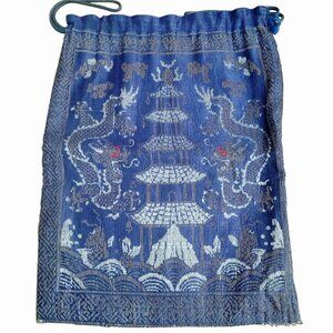Antique Chinese Embroidered Hebao Drawstring Pouch Dragons Pagoda Silk Cotton